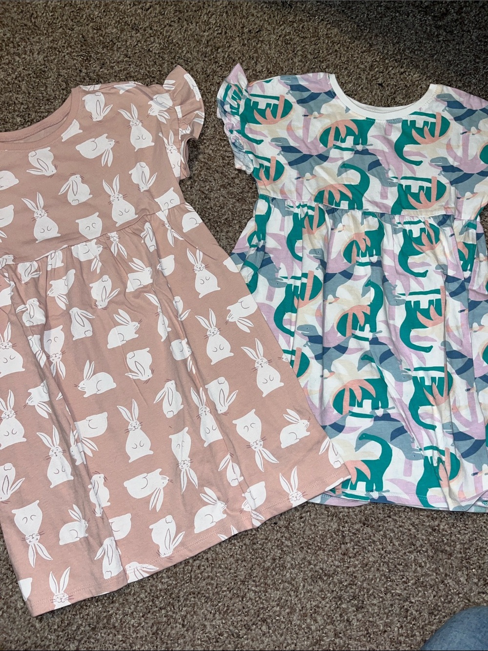 Old Navy Girls Pink Bunny Dress & White/Teal Dinosaur Dress